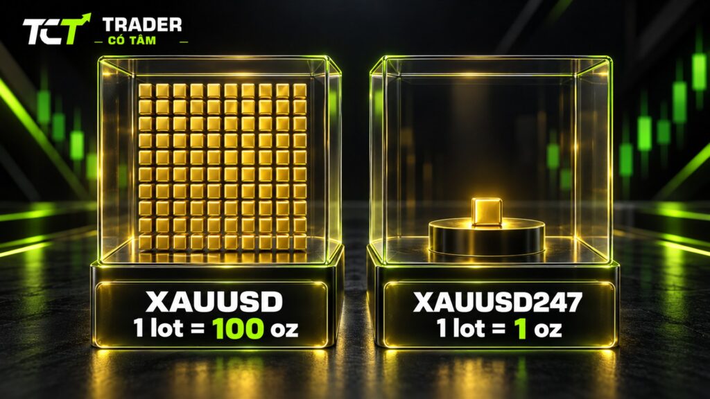 1 lot vàng Vantage XAUUSD bằng 100 ounce, còn 1 lot XAUUSD247 chỉ bằng 1 ounce