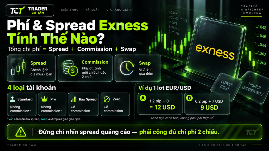 Ảnh minh họa phần đánh giá sàn Exness về cấu trúc chi phí giao dịch, bao gồm spread, commission và swap. Mức phí thực tế cần được đối chiếu theo loại tài khoản, sản phẩm và điều kiện giao dịch thay vì chỉ dựa vào mức spread “từ” được công bố.