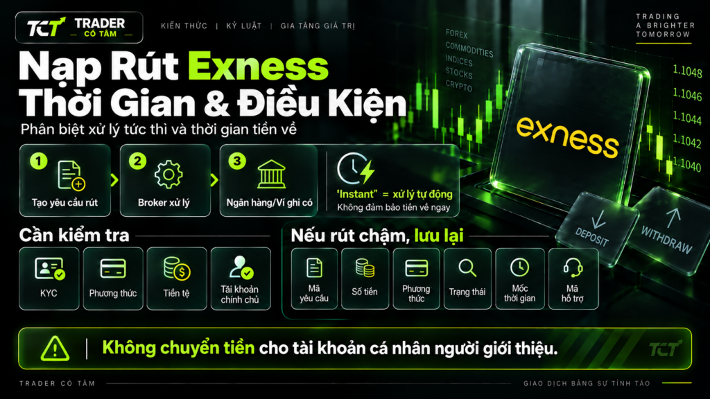 Ảnh minh họa quy trình nạp rút Exness cho trader Việt, tập trung vào các mốc thời gian xử lý, điều kiện KYC, phương thức thanh toán và việc phân biệt xử lý tự động với thời gian tiền thực tế về ngân hàng hoặc ví.