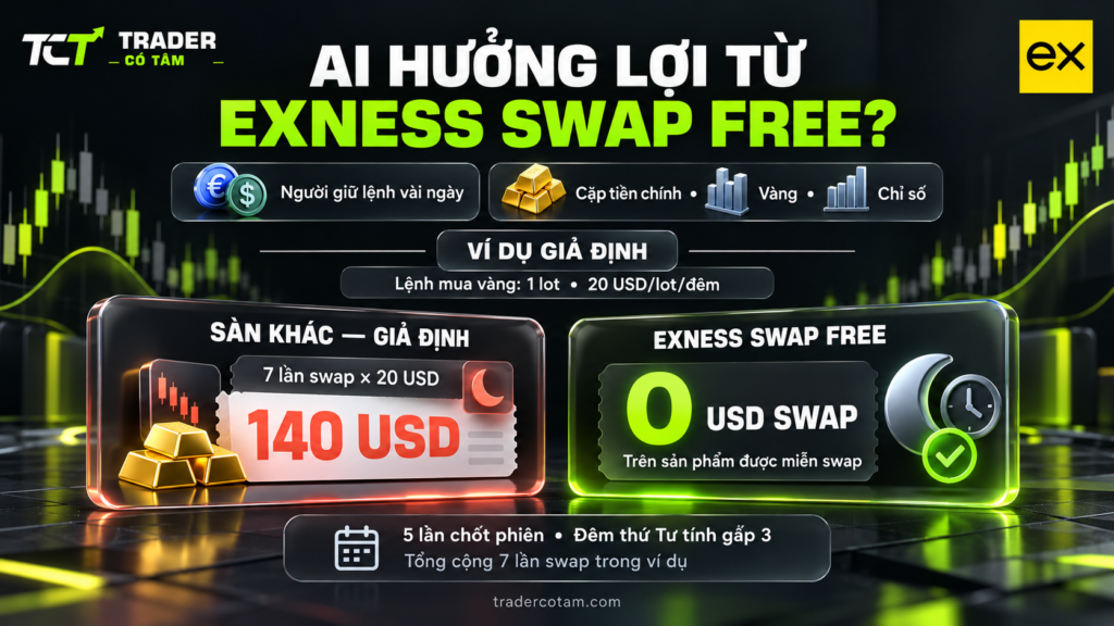 Ai hưởng lợi từ Exness swap free: người giữ lệnh vài ngày trên cặp tiền chính, vàng và chỉ số