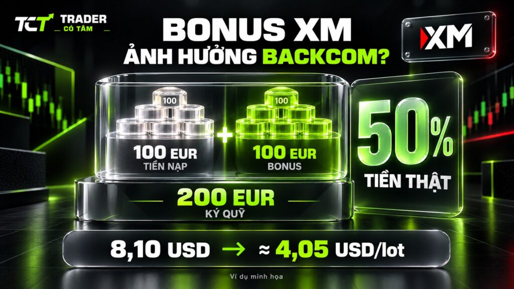 Bonus XM ảnh hưởng backcom XM: 100 EUR tiền nạp và 100 EUR bonus, tiền thật 50% ký quỹ nên hoàn phí từ 8,10 còn khoảng 4,05 USD/lot