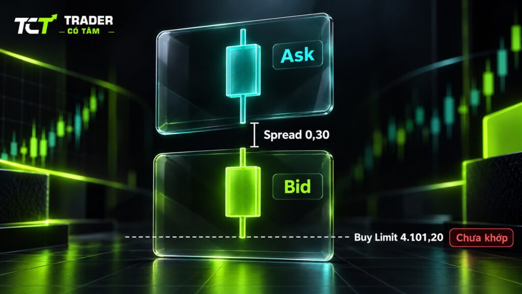 Biểu đồ nến Nhật trên MT5 vẽ theo giá Bid: râu Bid chạm Buy Limit 4.101,20 nhưng Ask 4.101,30 nên lệnh chưa khớp
