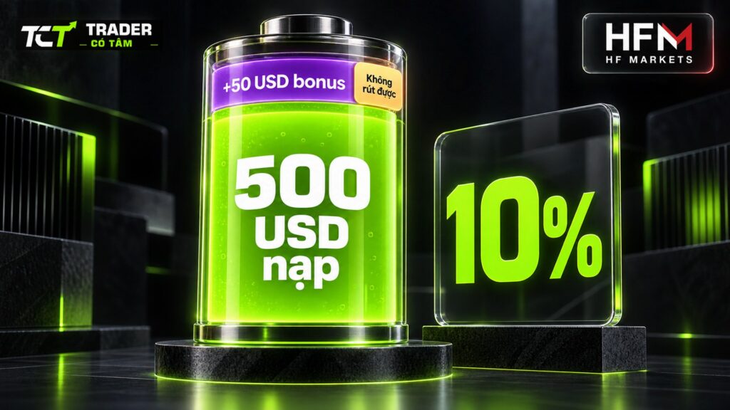 bonus HFM 10%: Top Up Bonus HFM cộng 50 USD trên 500 USD chuyển vào, không rút được