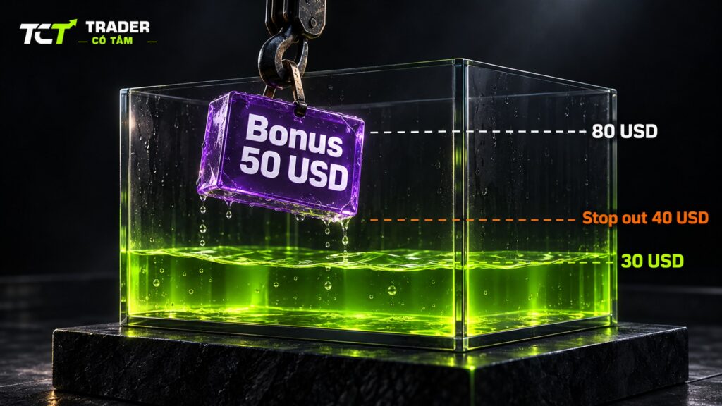 bonus HFM làm ký quỹ: gỡ 50 USD bonus khi đang lỗ đưa vốn từ 80 xuống 30 USD, dưới ngưỡng stop out