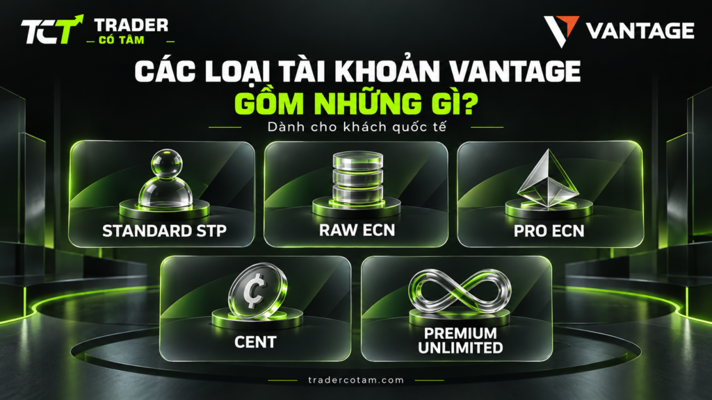 Các loại tài khoản Vantage cho khách quốc tế: Standard STP, Raw ECN, Pro ECN, Cent và Premium Unlimited