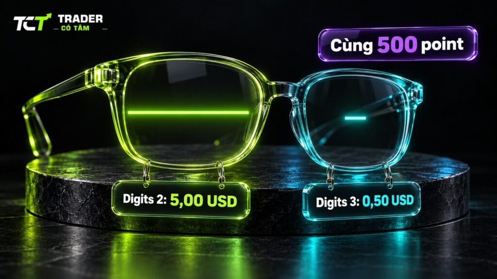cách cài trailing stop trên MT5 cho vàng: cùng 500 point bằng 5,00 USD với Digits 2 và 0,50 USD với Digits 3