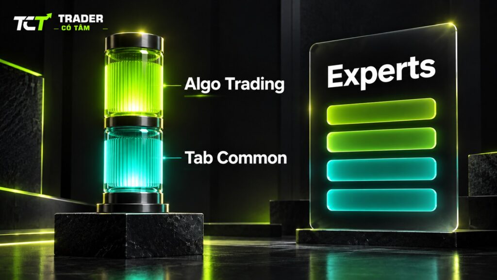 Cách chạy EA trên MT5: bật nút Algo Trading, tích ô cho phép trong tab Common và xem tab Experts
