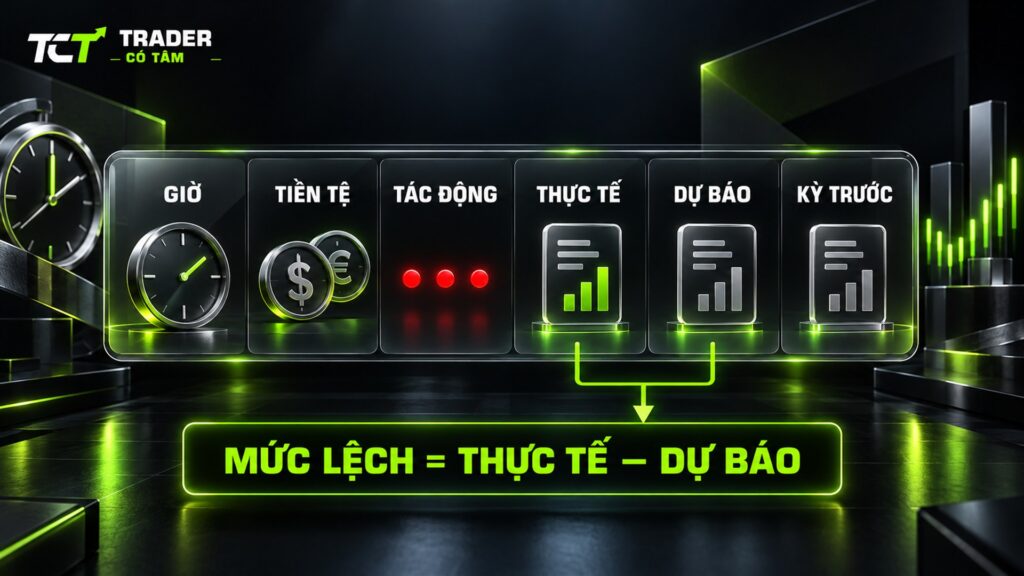 Cách đọc lịch kinh tế: giờ, tiền tệ, mức tác động, thực tế, dự báo, kỳ trước