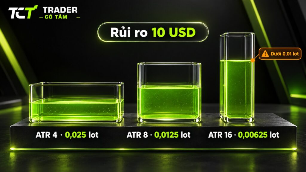 Cách dùng chỉ báo ATR giữ rủi ro 10 USD: ATR 4, 8, 16 USD giá ứng với 0,025, 0,0125 và 0,00625 lot vàng