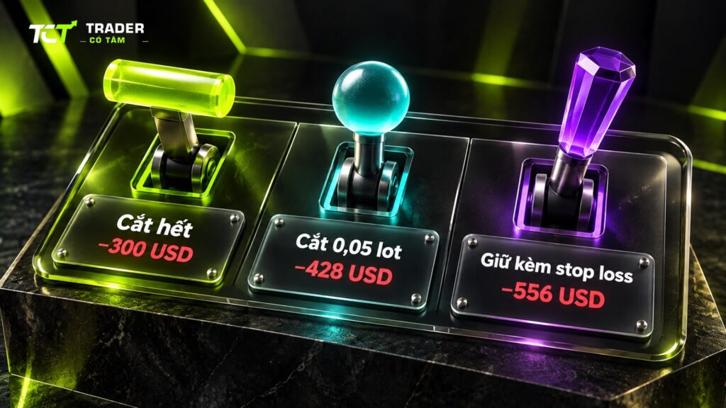 Cách gỡ lệnh âm ở giá 4.120: cắt hết lỗ 300 USD, cắt 0,05 lot lỗ tối đa 428 USD, giữ kèm stop loss lỗ tối đa 556 USD
