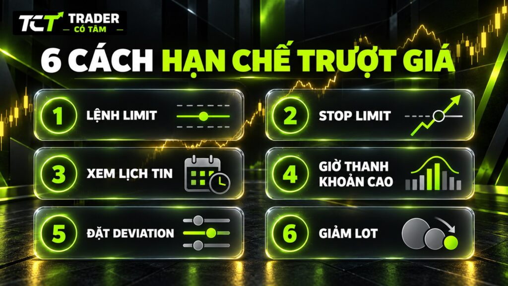 Cách hạn chế trượt giá khi trade vàng: lệnh limit, lịch tin, giờ thanh khoản, Deviation, giảm lot