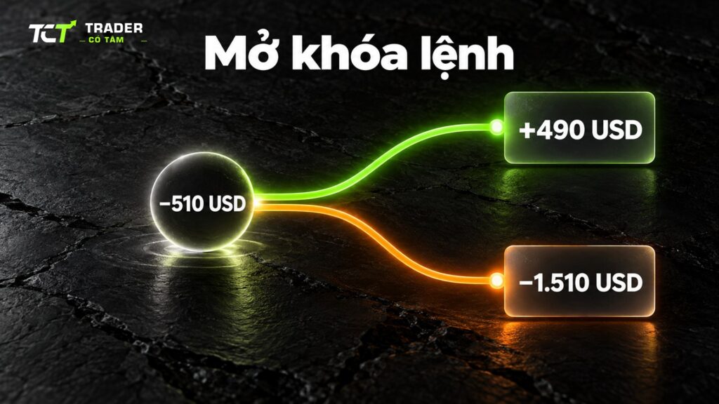 Cách mở khóa lệnh: gỡ một chân đưa tài khoản về rủi ro một chiều, kết quả có thể là +490 hoặc −1.510 USD