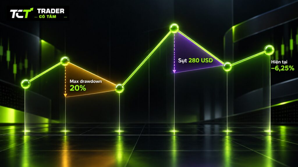 Cách tính drawdown trên đường vốn 1.000 USD: max drawdown 20% ở đợt đầu, đợt sau sụt 280 USD