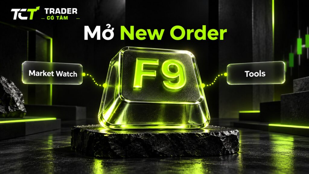 Cách đặt lệnh trên MT5 máy tính: mở cửa sổ New Order bằng phím F9, Market Watch hoặc menu Tools