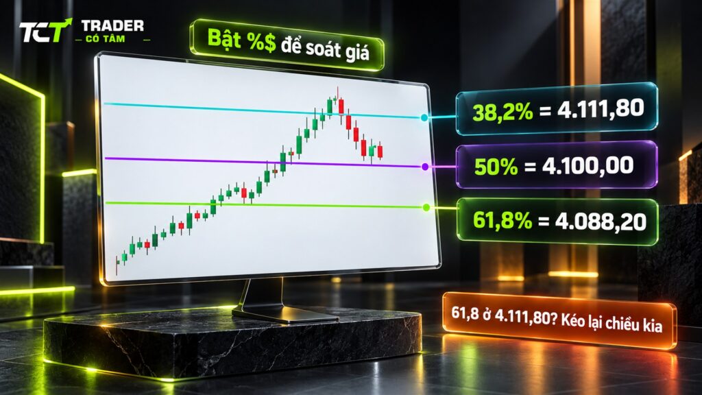 cách vẽ fibonacci thoái lui trên MT5: bật %$ để thấy mức 61,8% ở 4.088,20, nếu nhãn 61,8 ở 4.111,80 thì kéo lại theo chiều kia