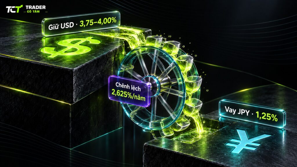 carry trade là gì: vay JPY lãi suất 1,25%, giữ USD lãi suất 3,75–4,00%, chênh lệch lãi suất 2,625% mỗi năm