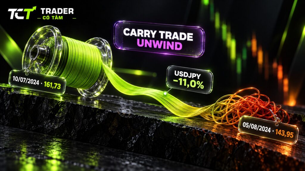 carry trade unwind là gì: carry trade yên Nhật tháng 8/2024, USDJPY từ 161,73 ngày 10/07 xuống 143,95 ngày 05/08