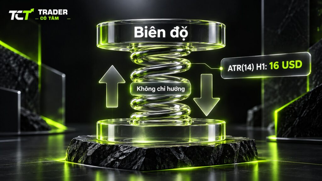 Chỉ báo ATR đo biên độ trung bình của nến: ATR(14) H1 vàng giả định 16 USD giá, không cho biết giá tăng hay giảm