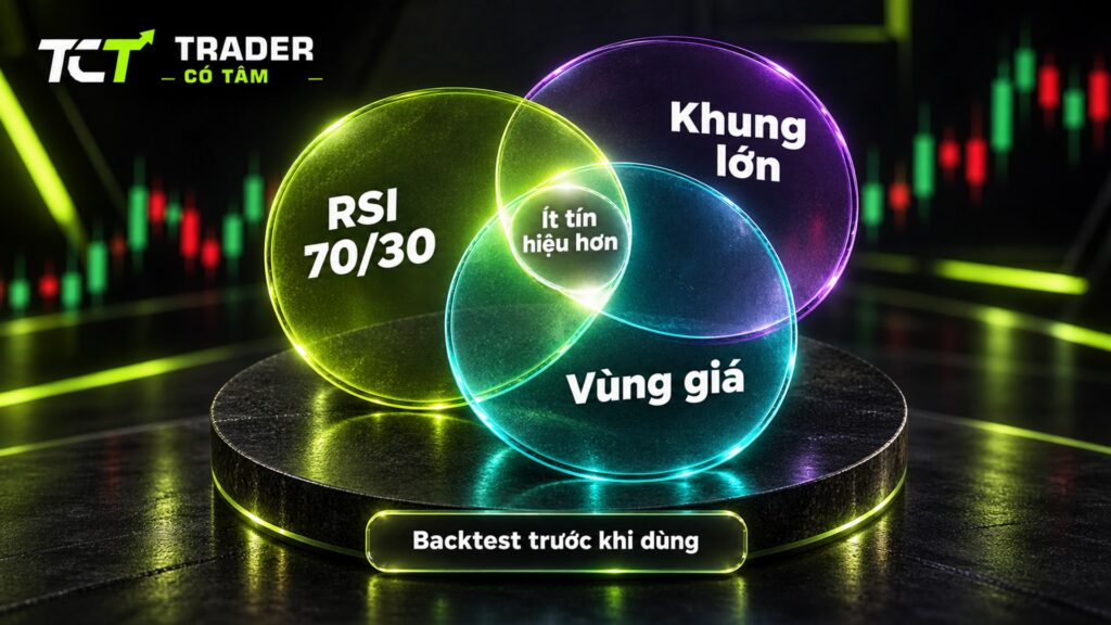 chỉ báo RSI trong forex kết hợp vùng giá và xu hướng khung lớn, phần giao nhau ít tín hiệu hơn và cần backtest trước khi dùng