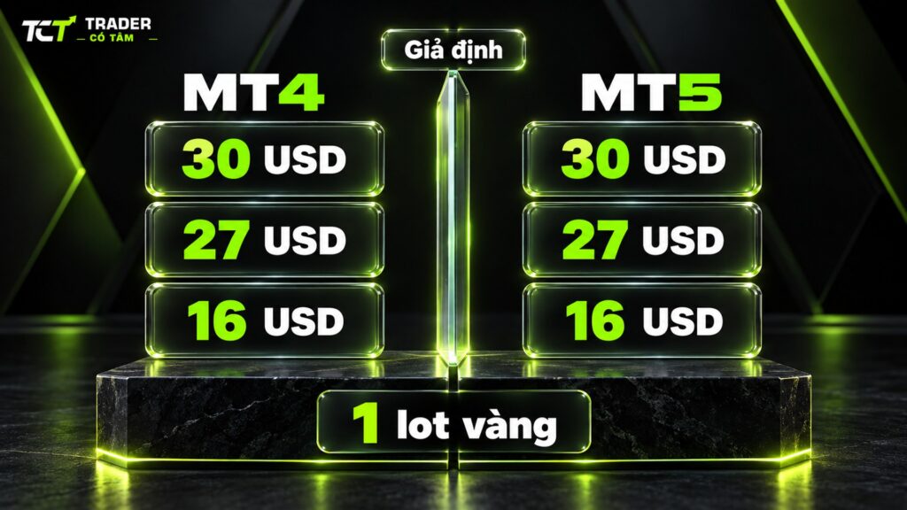 Chi phí 1 lot vàng giả định 30, 27 và 16 USD theo ba loại tài khoản, như nhau trên tài khoản MT4 và MT5