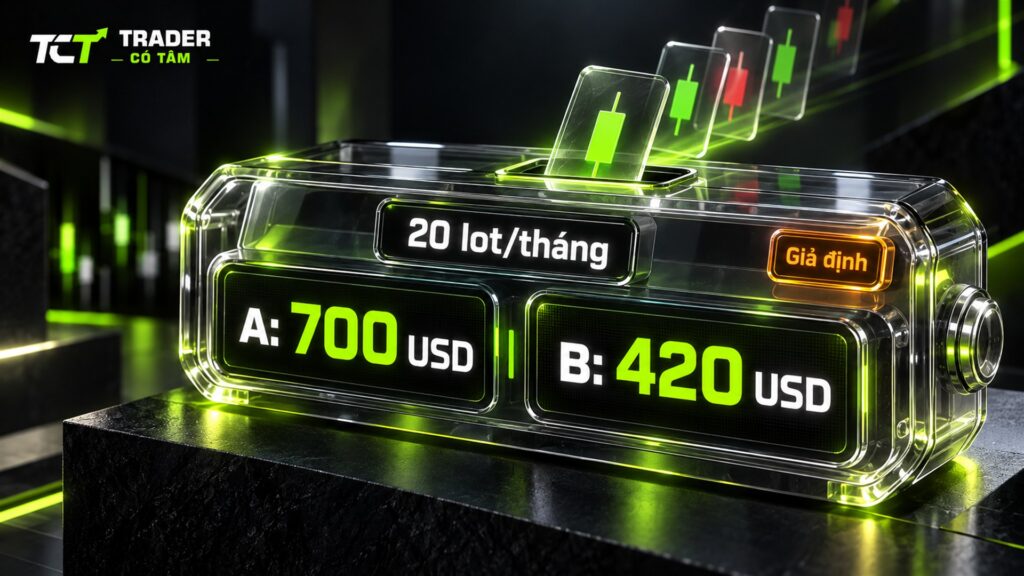 Chi phí khi robot forex vào 20 lot vàng mỗi tháng: 700 USD ở tài khoản A và 420 USD ở tài khoản B, giả định