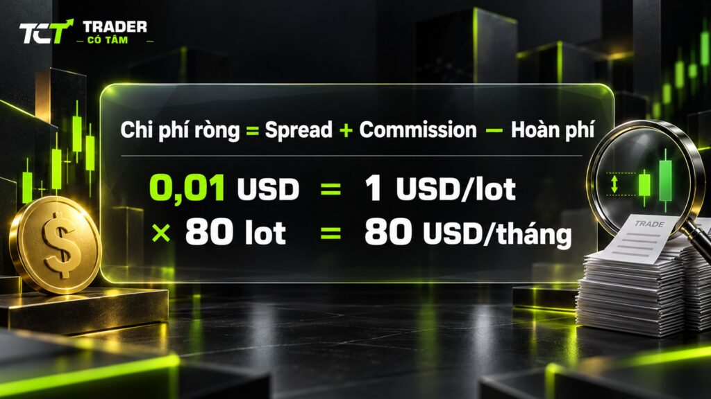 Chi phí scalping thực trả bằng spread cộng commission trừ hoàn phí, 0,01 USD spread vàng bằng 1 USD mỗi lot