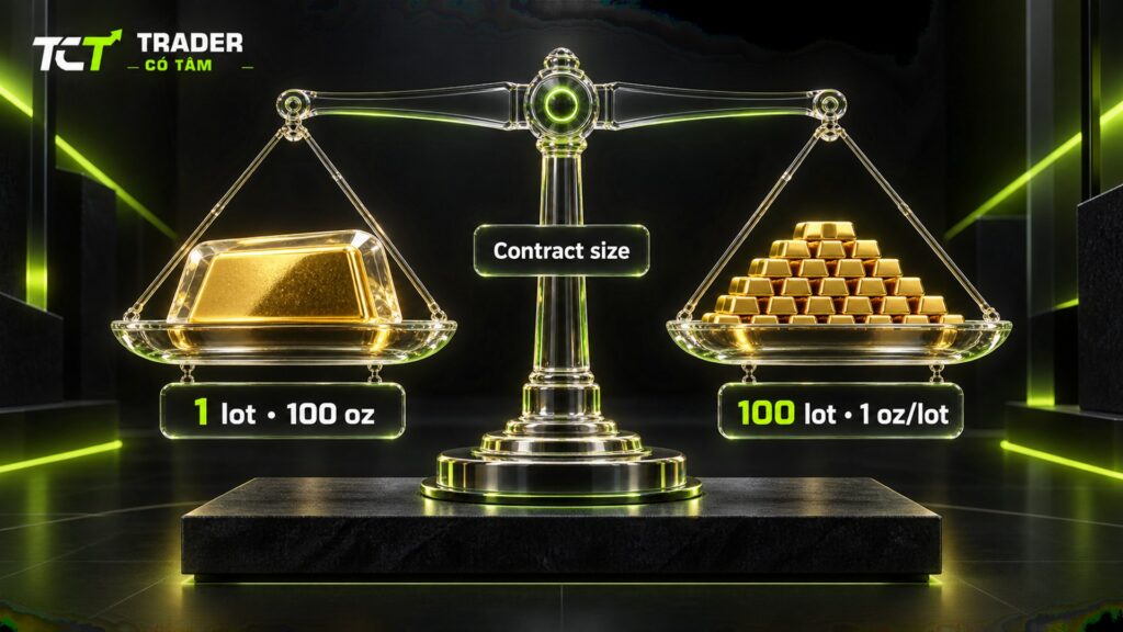 Contract size là gì khi đổi mã vàng: 100 lot của mã 1 oz/lot bằng 1 lot của mã 100 oz/lot
