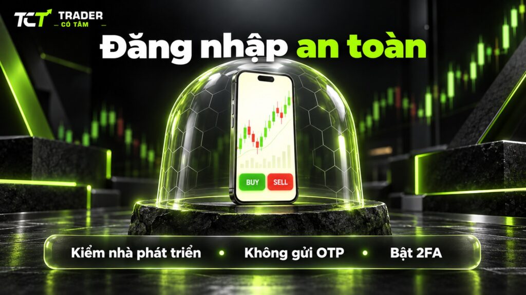 Đăng nhập tài khoản Vantage an toàn: kiểm nhà phát triển ứng dụng, không gửi mật khẩu và OTP, bật xác thực hai lớp