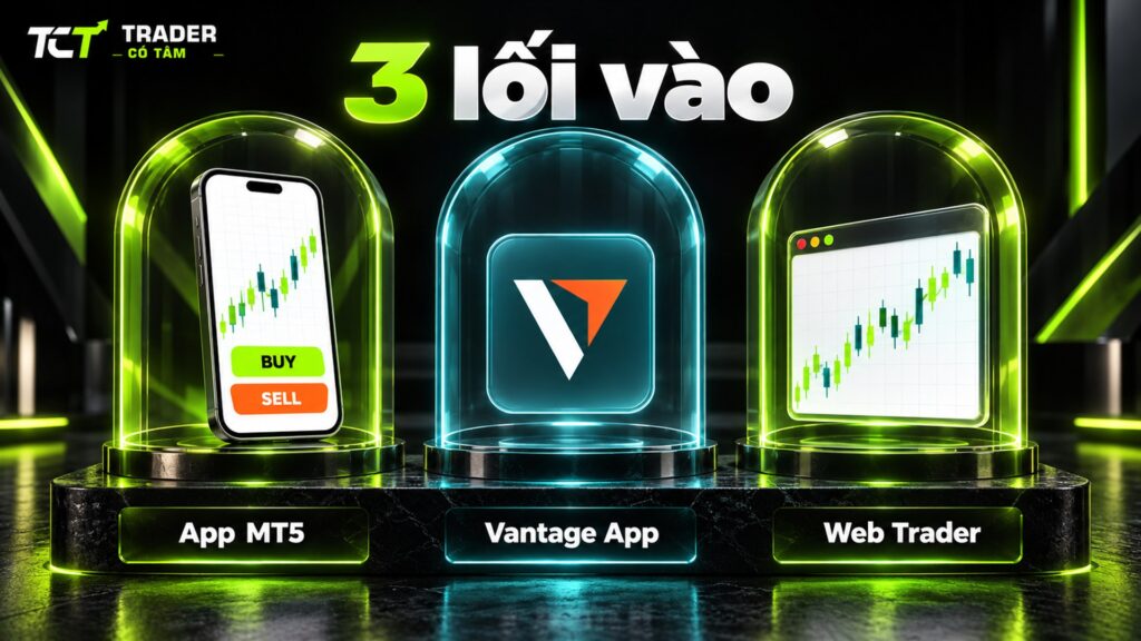 Ba cách đăng nhập Vantage MT5 trên điện thoại: app MT5, Vantage App và Web Trader trên trình duyệt