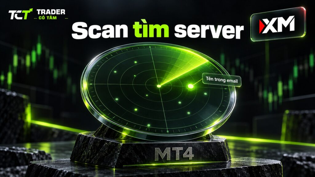 Đăng nhập XM MT4 trên máy tính: bấm Scan hoặc thêm server để tìm đúng máy chủ ghi trong email