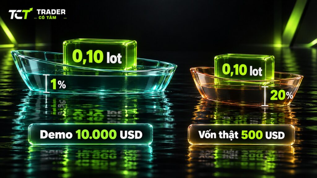đặt lại số dư demo Vantage sát vốn thật: cùng 0,10 lot vàng mất 1% ở 10.000 USD và 20% ở 500 USD