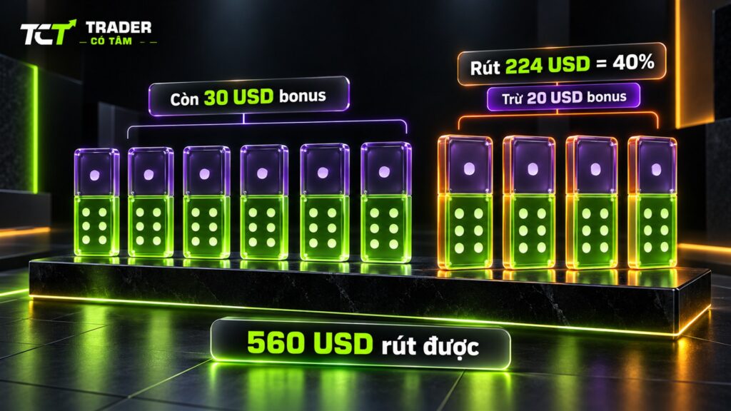 điều kiện rút bonus HFM: rút 224 USD bằng 40% số tiền rút được thì bonus bị trừ 20 USD