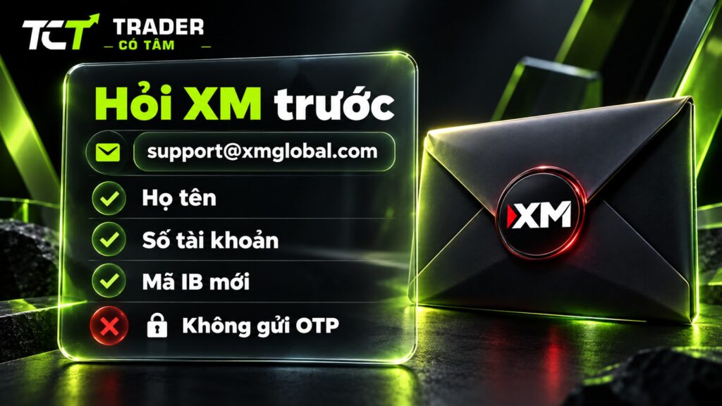 Đổi IB XM trên tài khoản đang có: email support@xmglobal.com kèm họ tên, số tài khoản, mã IB mới, không gửi OTP