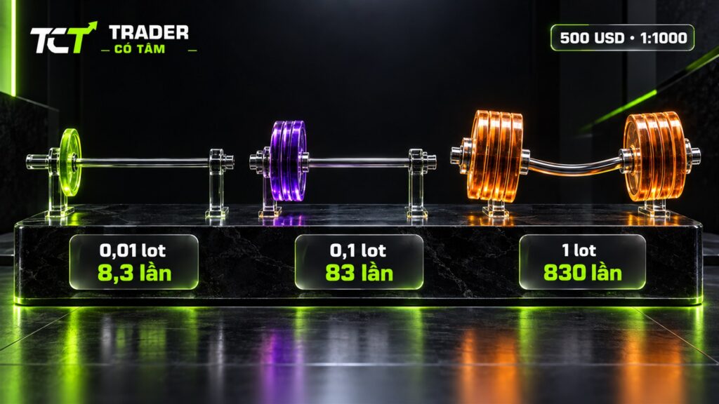 đòn bẩy hiệu dụng khi đặt đòn bẩy XM 1:1000: 0,01 lot 8,3 lần, 0,1 lot 83 lần, 1 lot 830 lần