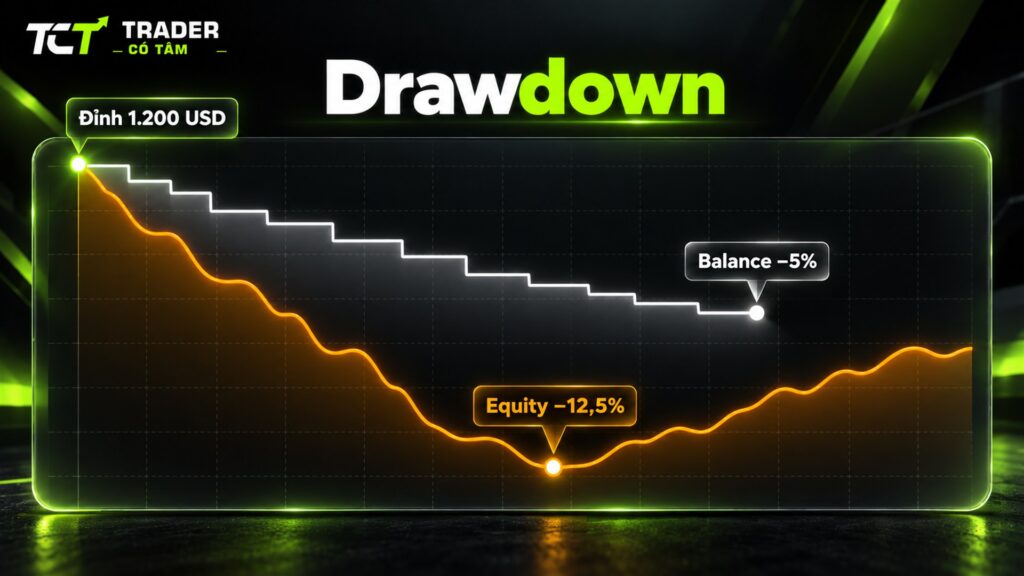 Drawdown là gì: equity sụt 12,5% trong khi balance chỉ ghi nhận 5% từ đỉnh 1.200 USD
