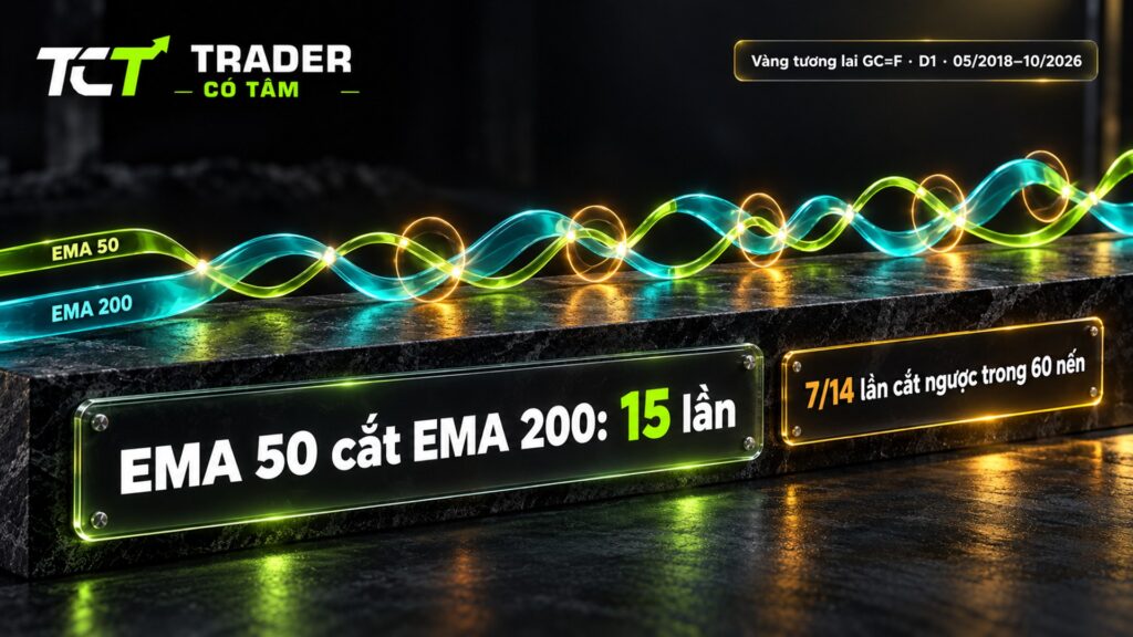 đường EMA 200 và EMA 50 trên hợp đồng vàng tương lai GC=F khung D1 từ 05/2018 đến 10/2026: 15 lần giao cắt, 7/14 lần bị cắt ngược trong 60 nến