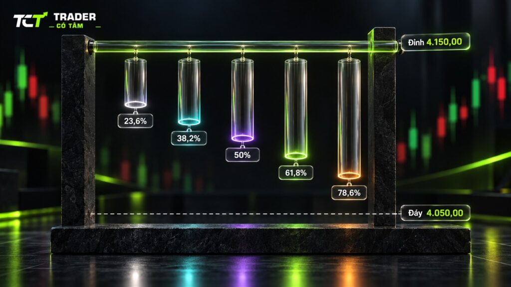 fibonacci thoái lui chia sóng vàng từ 4.050,00 lên 4.150,00 thành các mức 23,6%, 38,2%, 50%, 61,8%, 78,6% đo từ đỉnh xuống