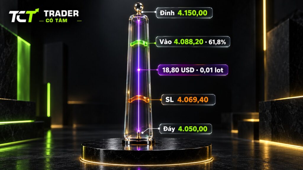 ví dụ fibonacci thoái lui trên vàng XAUUSD: Buy Limit 4.088,20 ở mức 61,8%, SL 4.069,40, rủi ro 18,80 USD với 0,01 lot