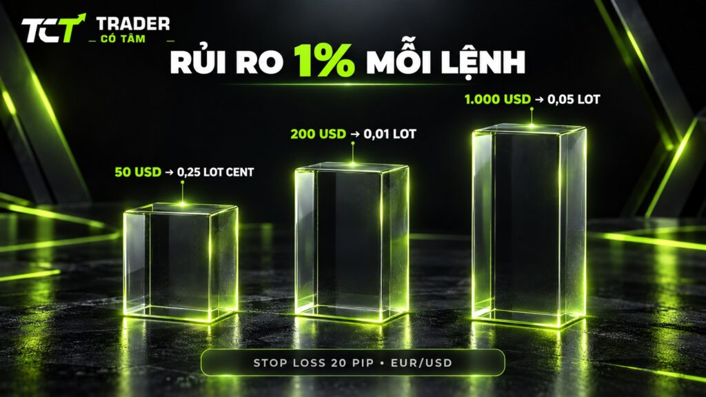 Forex vốn nhỏ: rủi ro 1% mỗi lệnh với vốn 50, 200 và 1.000 USD, stop loss 20 pip EUR/USD