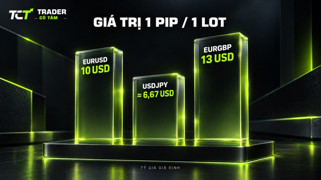 Giá trị pip cho 1 lot: EURUSD 10 USD, USDJPY khoảng 6,67 USD, EURGBP 13 USD