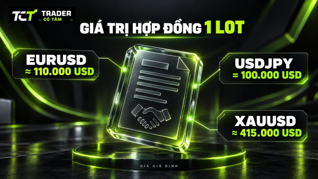 1 lot bằng bao nhiêu tiền: giá trị hợp đồng của 1 lot EURUSD, USDJPY và XAUUSD theo giá giả định