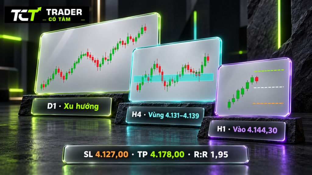 giao dịch đa khung thời gian với bộ D1–H4–H1 trên vàng: D1 xu hướng, vùng H4 4.131–4.139, vào H1 4.144,30, SL 4.127,00, TP 4.178,00