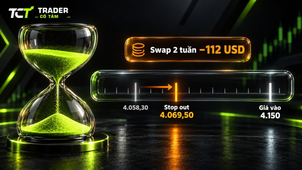 Gồng lỗ 2 tuần với 0,1 lot vàng: swap 112 USD kéo mốc stop out giả định từ 4.058,30 lên 4.069,50