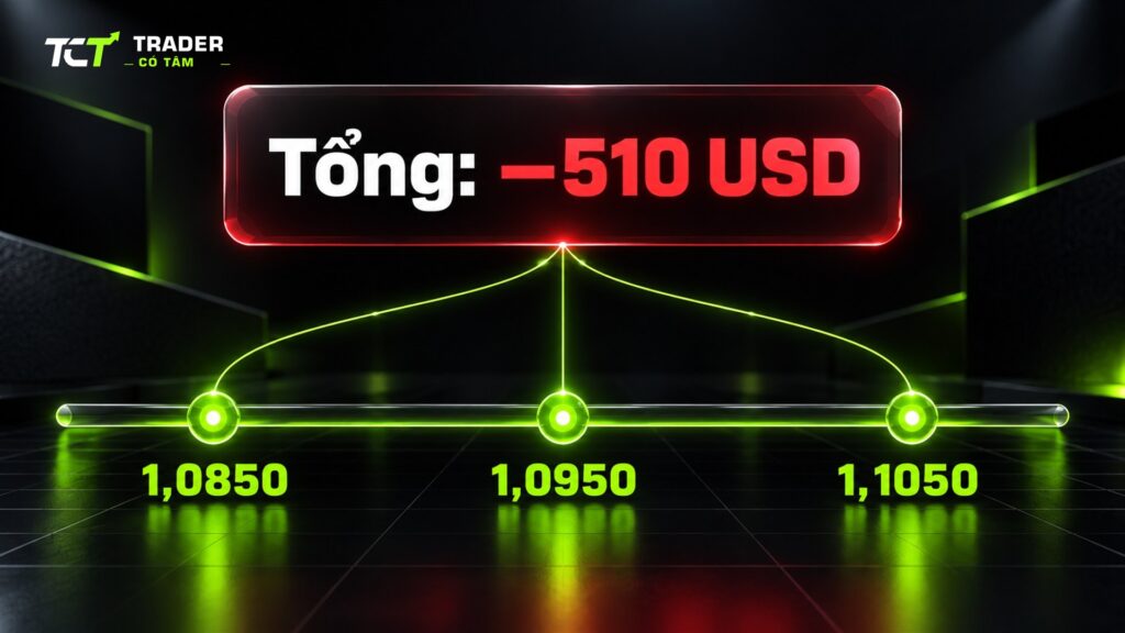Hedging trong forex không xóa lỗ: giá về 1,0850 hay lên 1,1050 thì tổng hai lệnh vẫn âm 510 USD