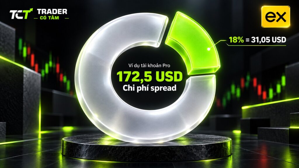 Hoa hồng IB Exness trong ví dụ tài khoản Pro: 18% của chi phí spread 172,5 USD là 31,05 USD
