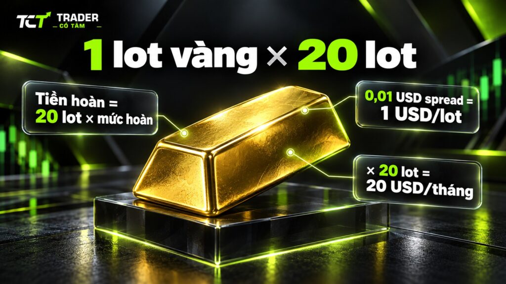 Hoàn phí 1 lot vàng nhân 20 lot mỗi tháng; mỗi 0,01 USD spread vàng bằng 1 USD mỗi lot, tức 20 USD mỗi tháng