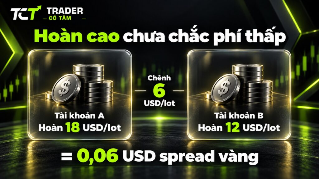 Hoàn phí forex cao nhất chưa chắc chi phí thấp nhất: chênh 6 USD tiền hoàn mỗi lot bằng 0,06 USD spread vàng