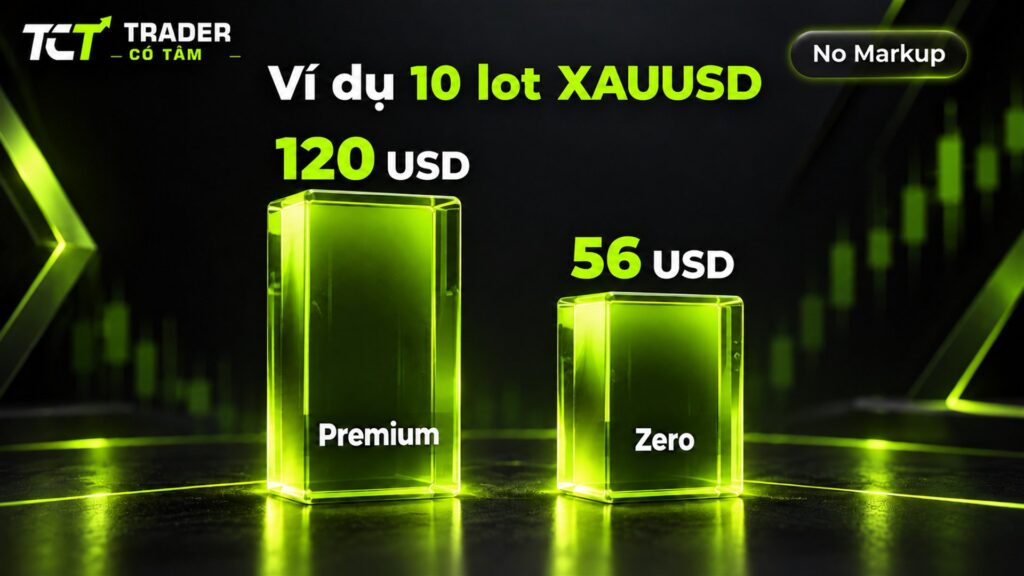 Hoàn phí HFM ví dụ 10 lot XAUUSD theo No Markup: Premium hoàn 120 USD, Zero hoàn 56 USD