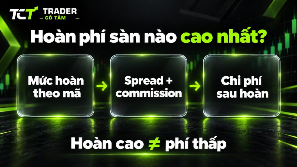 Hoàn phí sàn nào cao nhất phải xét chi phí sau hoàn: mức hoàn theo mã, spread cộng commission, rồi trừ tiền hoàn
