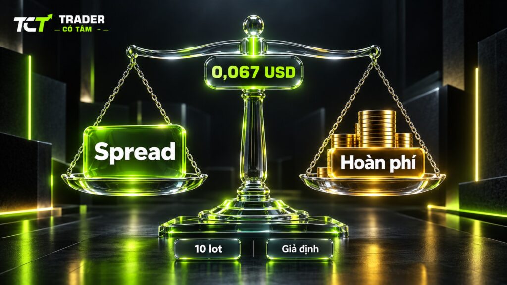 Hoàn phí XM và Vantage: ngưỡng chênh spread 0,067 USD khi so 10 lot vàng